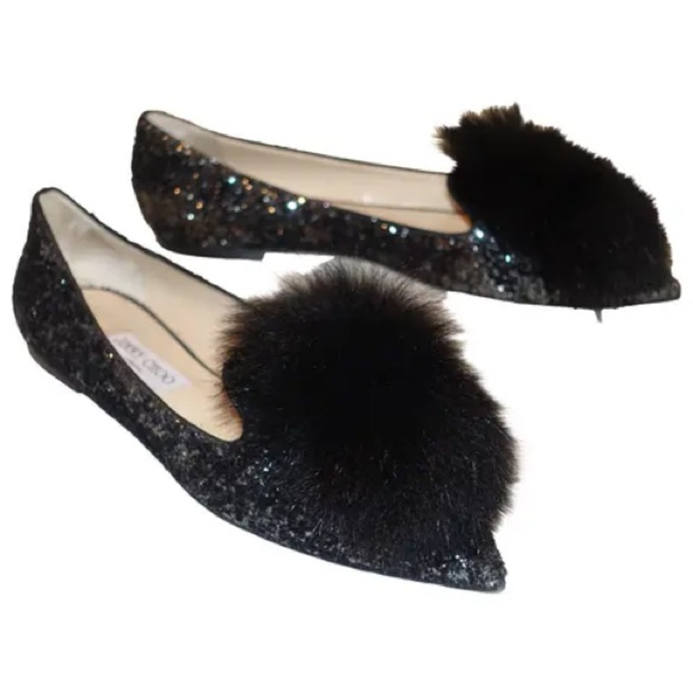 Jimmy Choo Black sparkle Fur-Embellished pom pom Women's flats *size 8/8.5